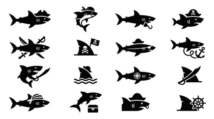 Fototapeta premium Minimal Black Pirate Shark Icon Set with Nautical Adventure Silhouette Symbols