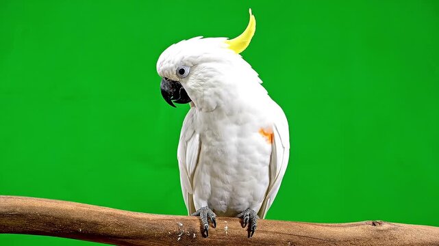 White Sulphur Crested Cockatoo Perched on Branch Green Screen