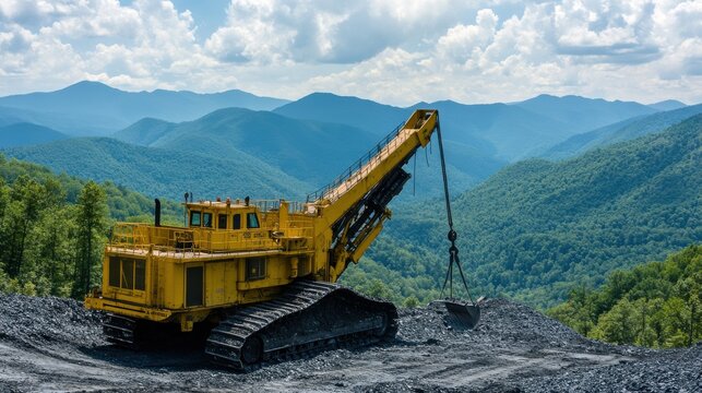 Massive yellow dragline excavator working in coal mining area