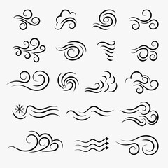 Fototapeta premium Set of Hand-Drawn Wind Gust Symbols and Air Flow Vectors