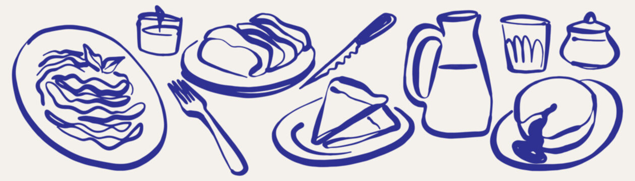 Elements related to food at the dinner table spaghetti, bread, pie, pitcher, dessert. Minimalist vector ink line doodle.