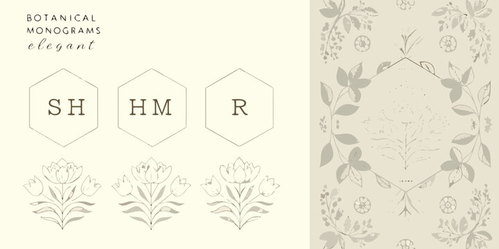 botanical monograms elegant hand drawn floral hexagon