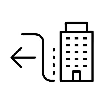 Business relocation icon with building and arrow showing moving out.