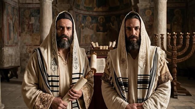 Two devout bearded ancient Pharisees wearing traditional jewish tallit shawls hold sacred holy Torah scrolls inside an old synagogue near a wooden menorah reflecting deep religious faith and biblical 