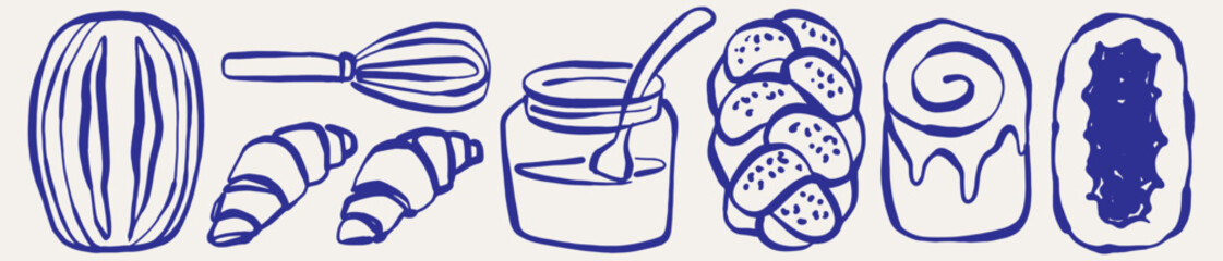 Elements related to bread various types of bread, sourdough, croissants, berry pies, bread rolls. Minimalist vector ink line doodle. © Proongnee