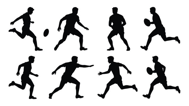 Rugby players in silhouette perform a sequence of athletic maneuvers including passing and sprinting on a blank white canvas.