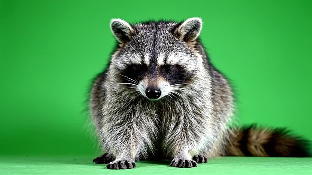 Raccoon Sitting on Green Screen Looking at Camera