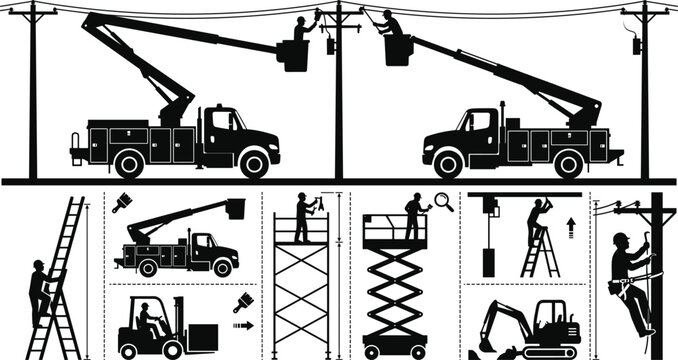 WebUtility Line Maintenance and Aerial Lift Truck Silhouette Icons Set for Electrical Infrastructure Work