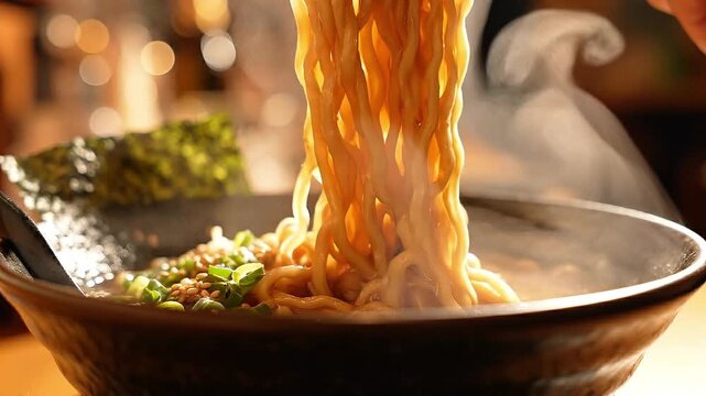 Lifting steaming ramen noodles from a bowl with chopsticks