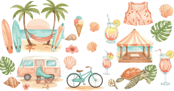 Colorful beach vacation collage with palm trees tropical drinks and outdoor furniture on sandy shore