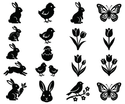 Beautiful black silhouette collection of spring and Easter icons, featuring bunnies, chicks, butterflies, tulips, and a bird, perfect for festive seasonal graphic designs