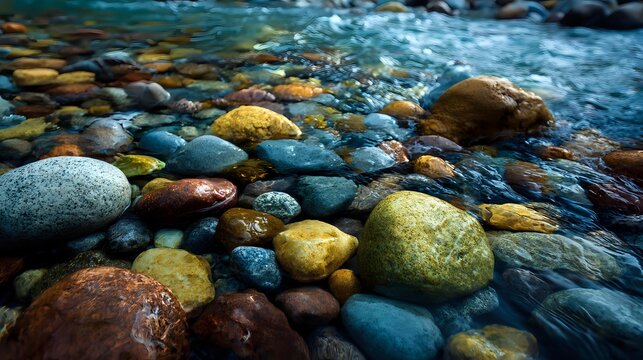 Smooth pebbles beneath flowing stream water clarity purity concept gentle movement serene natural focus