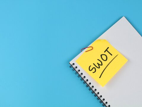 SWOT acronym (Strengths, Weaknesses, Opportunities, Threats) handwritten on a book over blue background. Ideal for business strategy, market research and corporate planning