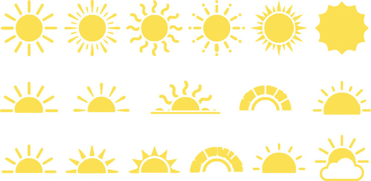 Sun icons set, yellow weather symbols, rising suns, light rays, modern graphic design projects.