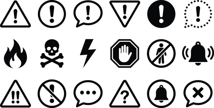 Warning sign icons collection, vector symbols, safety alerts, danger notification, industrial communication design