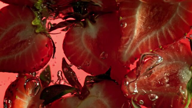 Super Slow Motion Shot of Fresh Strawberries Falling into Water at 1000fps.