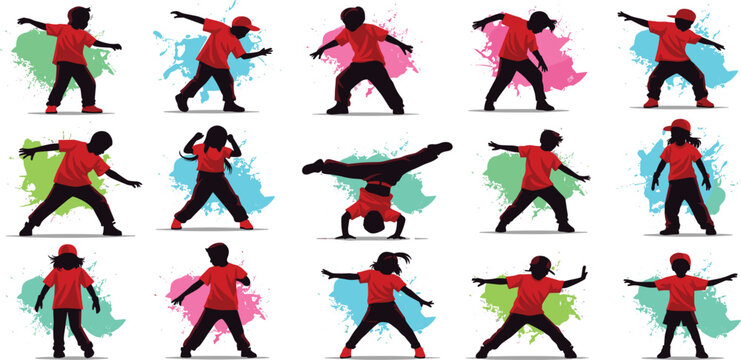 Hip Hop Dance and Street Performance Illustration Collection Featuring Breakdance Moves, Urban Dancers, Freestyle Choreography, and Youth Culture Elements for Creative Design Projects
