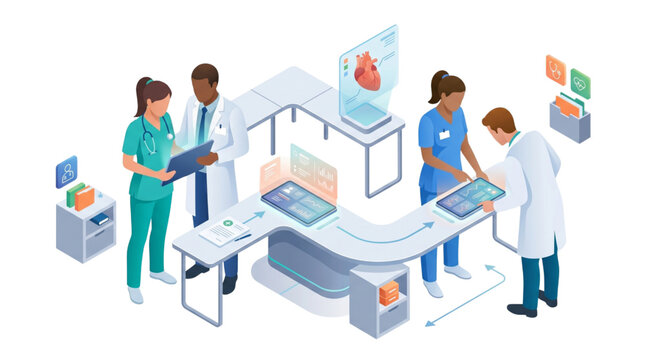 Isometric Abstract Vector Illustration of Doctors Working Together Using Tablet Computers in Healthcare Teamwork