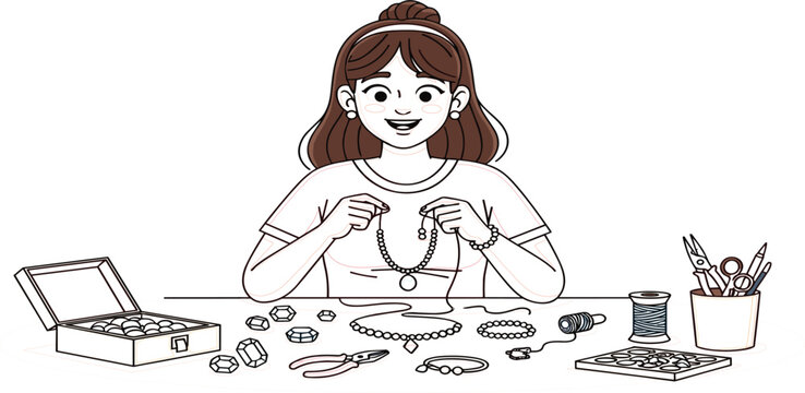 Jewelry Making and Handmade Craft Illustration Featuring Young Woman Creating Beaded Accessories with DIY Art Supplies and Creative Hobby Elements