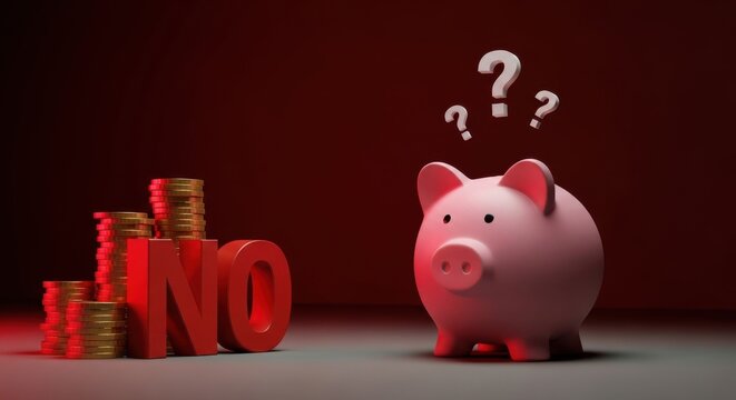 Financial rejection concept with pink piggy bank and red NO text, money savings problem with gold coins and question marks, debt and bankruptcy metaphor
