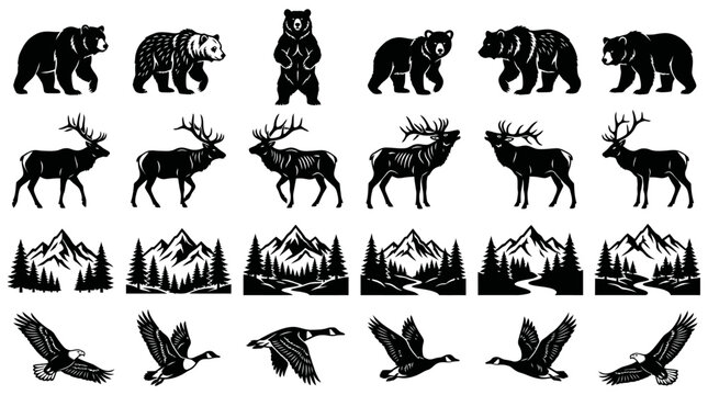 Collection of wildlife silhouette designs including bears, deer, eagles, geese, and mountain landscapes for graphic use