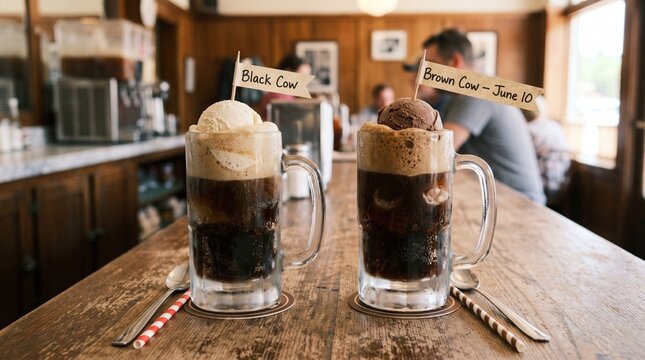 Side-by-Side Root Beer Floats &ndash; Left Glass Vanilla Ice Cream (Black Cow) &ndash; Right Glass Chocolate Ice Cream (Brown Cow) &ndash; Paper Flag Labels with Black Cow and Brown Cow &ndash; June 10

