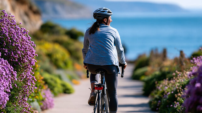 A European cyclist viewed from behind rides softly along a bright sunny coastal path in soft daylight coastal cycling faceless back view bright outdoors daylight workspace