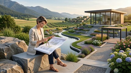 Fototapeta premium Woman landscape architect sitting on stone bench and working with blueprint and compass. Professional designing modern garden project. Concept of outdoor space planning and construction.
