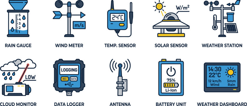 Weather Monitoring Equipment Icon Set Featuring Climate Sensors Data Logging and Forecast Systems