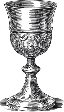 Chalice goblet antique vintage engraved illustration of ornate metal cup for ritual drinks.