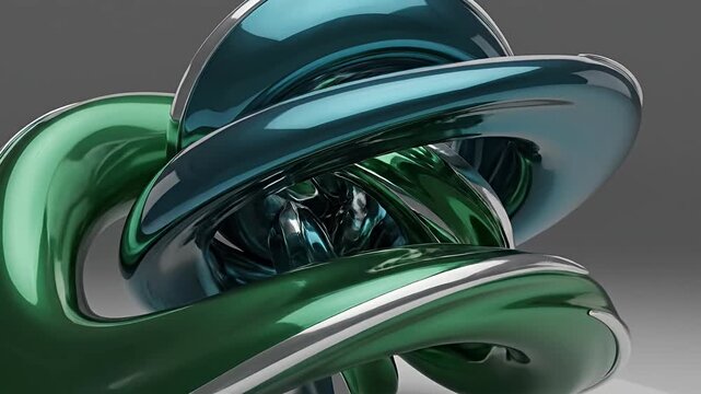 Abstract 3D metallic green and silver interlocking rings.