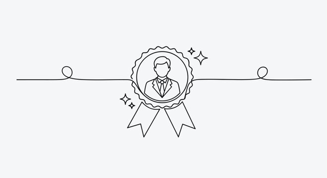 A black line drawing of a man's headshot in a circular frame with a ribbon and sparkles on a gray background