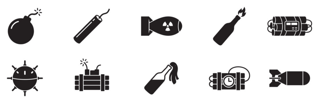 Bomb icon set. Bomb and explosive icon set. Weapon danger symbols. Dynamite sticks, tnt with timer, molotov cocktail, nuclear rocket and naval mine signs. Vector illustration, black danger silhouette 