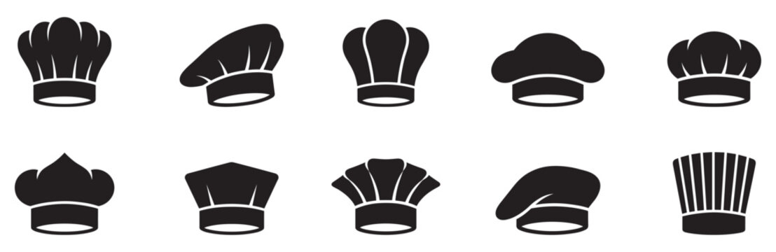 Chef hats silhouettes icons. Large set of chef hats silhouettes icons. Collection of professional cook toque and bakery headwear symbols. Vector Illustration