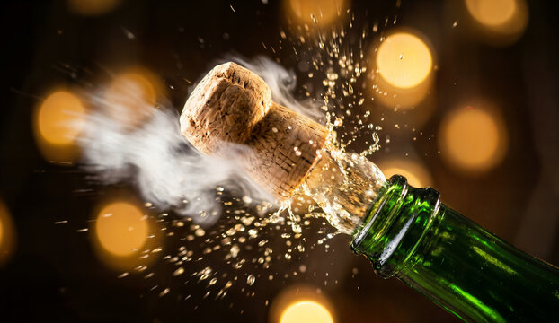 Champagne cork popping from green glass bottle with explosive liquid spray and smoke motion blur against festive golden bokeh background for celebration events.
