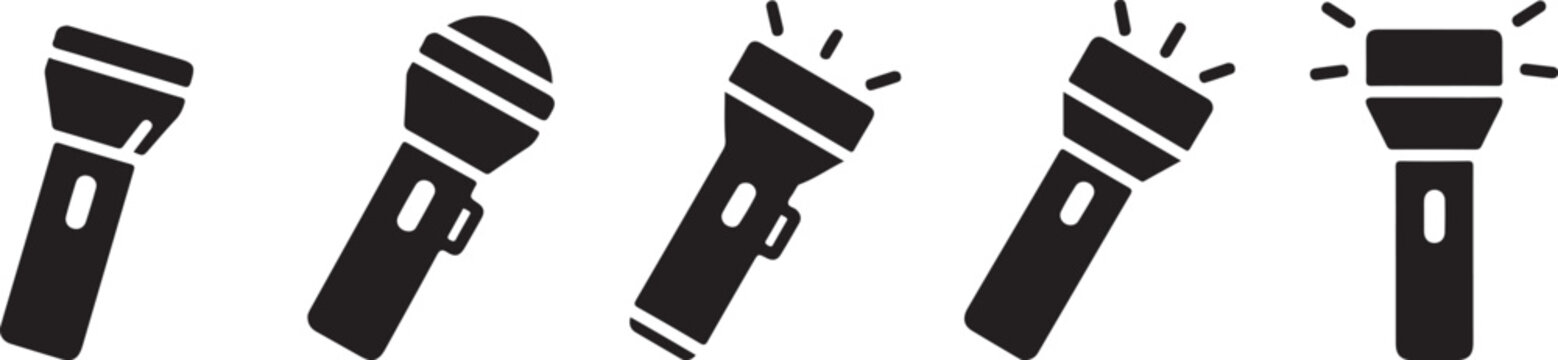 Flashlight Silhouette Icons Set with Handheld Torch Emergency Lighting and Outdoor Equipment Vector Collection