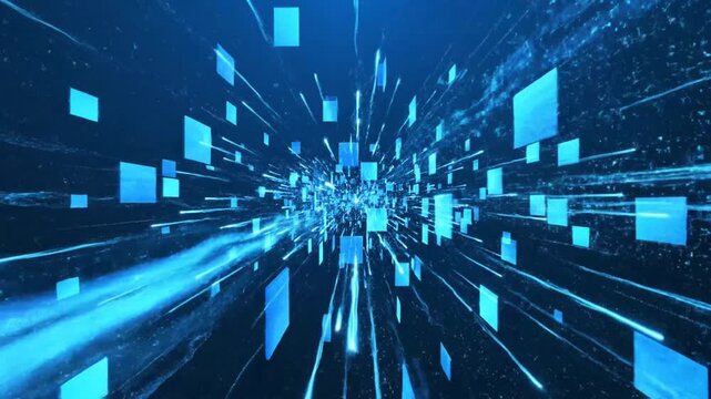 Abstract blue digital technology background with flowing data and light