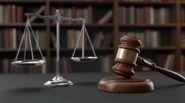 Golden balance scale and wooden gavel on dark background, symbolizing justice, fairness, and legal authority in elegant, professional composition.