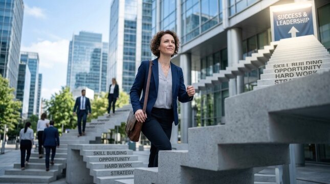 A businesswoman in a suit and tie walking up a flight of stairs in a cityscape.