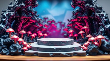 Fototapeta premium Mysterious stage setup. Glowing mushrooms illuminate dark, organic structures. Central platform invites attention. Dramatic lighting creates surreal atmosphere.