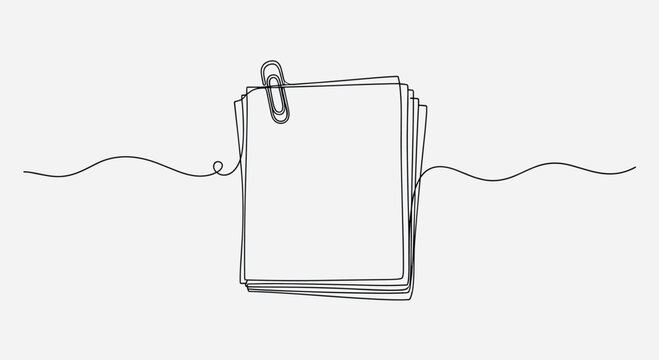 A simple line drawing of a stack of blank papers held together by a paperclip on a white background with wavy lines