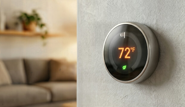 Modern smart home thermostat mounted on a textured wall showing temperature of 72 degrees with energy saving leaf icon and blurred living room in background area.