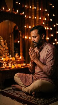 Young Man Worshipping with Folded Hands During Religious Ceremony and Candlelight