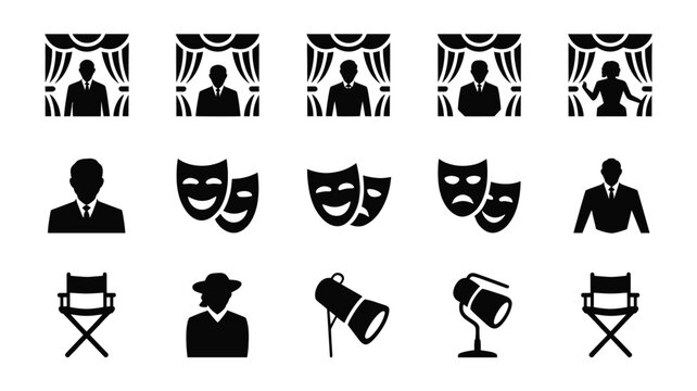 Set of 15 Black Theater and Stage Actor Vector Icons