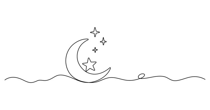 Continuous line drawing Minimalist moon and stars icon, simple night sky symbol, celestial body illustration, black line art