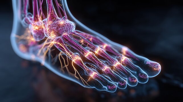 Detailed 3D medical anatomical illustration of human peripheral nerve damage caused by neuropathy, showing nerve lesion structure, pathological deterioration and related bodily discomfort,