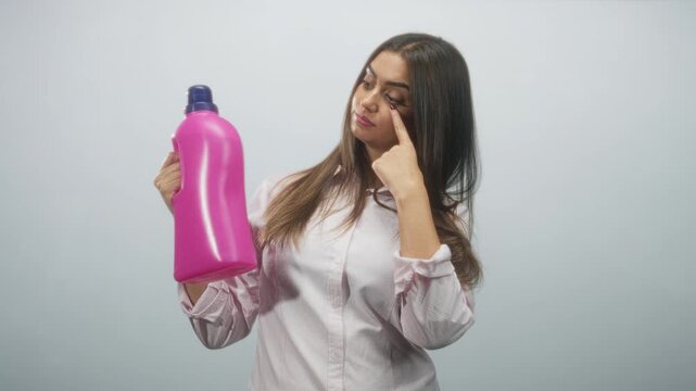 Woman holds large pink detergent bottle while pointing finger to eye and squinting in studio; consumer doubt skepticism.