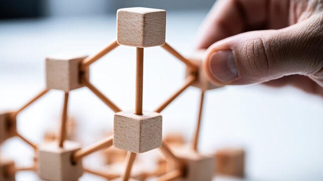 Close-up of a hand assembling wooden cube network model on a white desk, symbolizing business strategy, teamwork, connectivity and creative problem solving