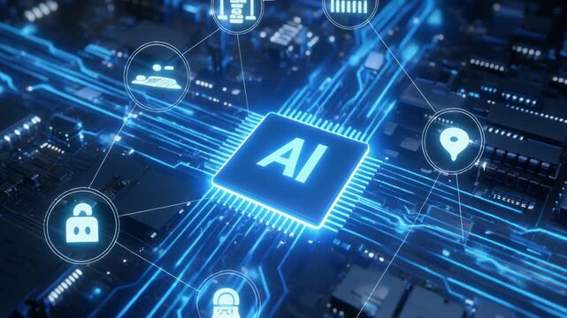 Futuristic blue digital interface with glowing AI microchip and connected technology icons, symbolizing artificial intelligence, data networks, and advanced computing innovation.