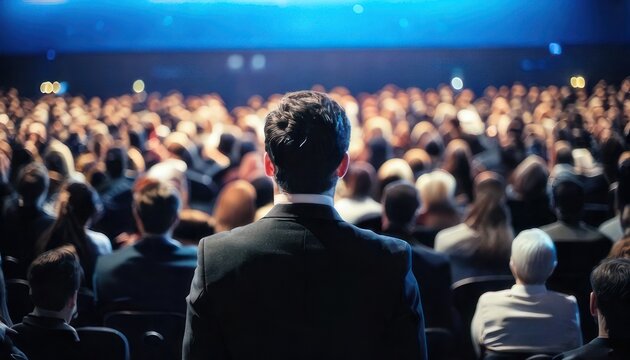 Speaker addressing a large audience at a conference event.